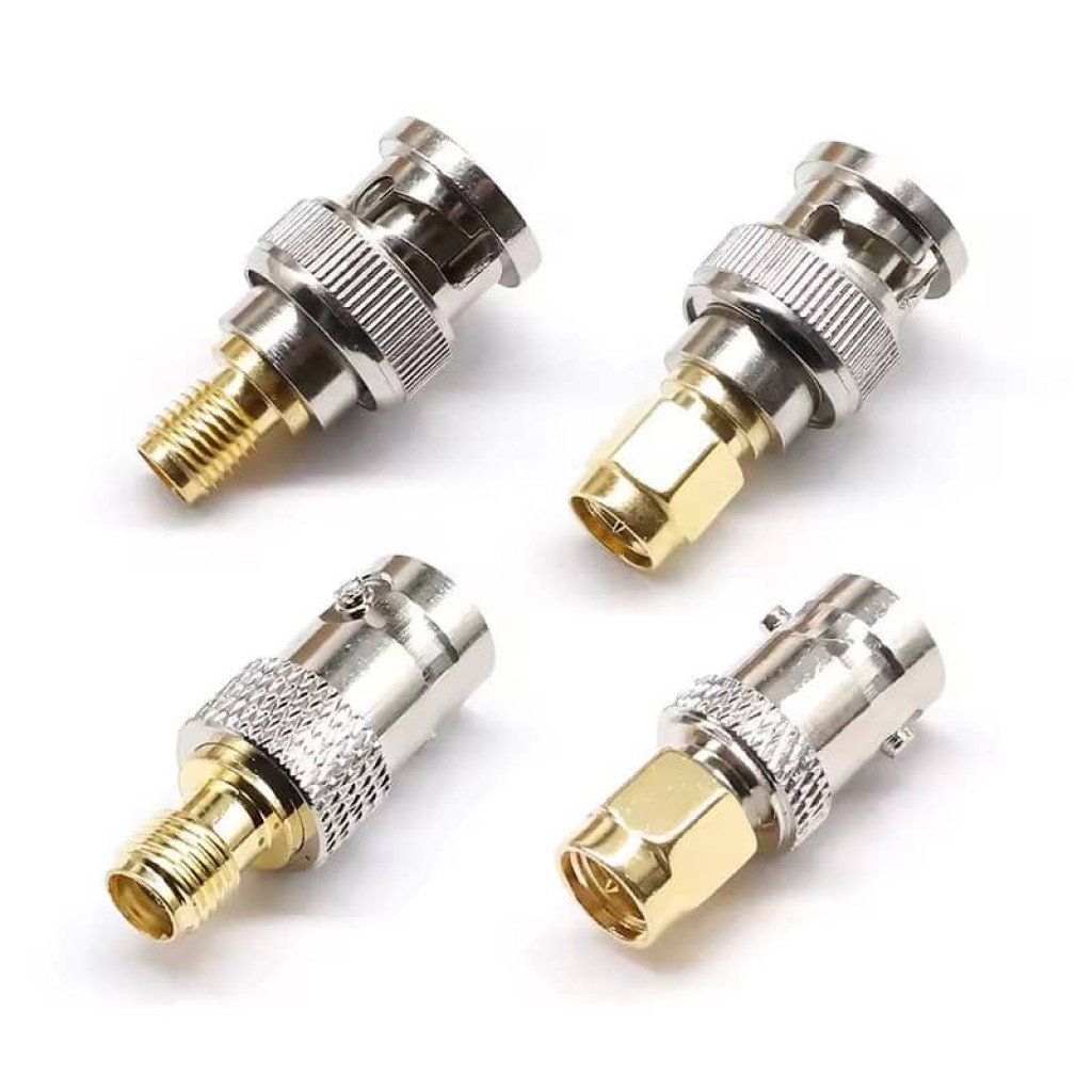 SMA to BNC RF Coaxial Adapter Four Gender Variants SMA to BNC RF adapter assortment with BNC male and female to SMA male and female connector configurations