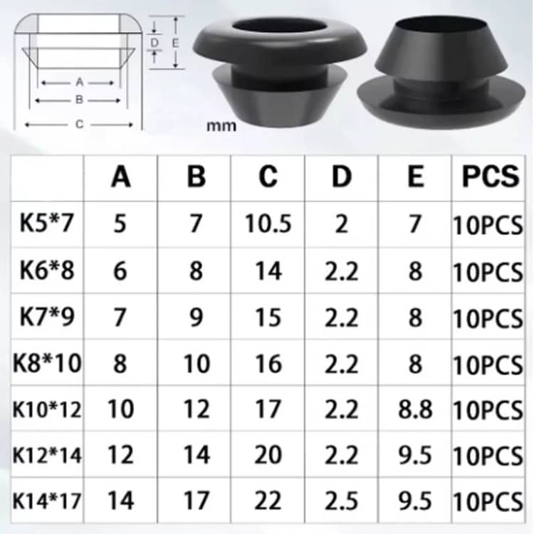 70-piece rubber grommet assortment kit size chart showing K5x7, K6x8, K7x9, K8x10, K10x12, K12x14 and K14x17 dimensions