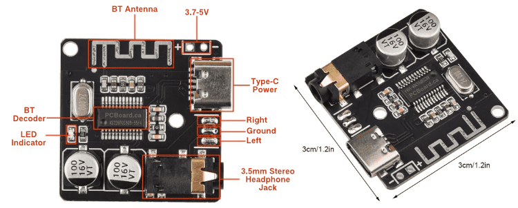 Bluetooth Decoder Board Dimension and Connection Hookup Information