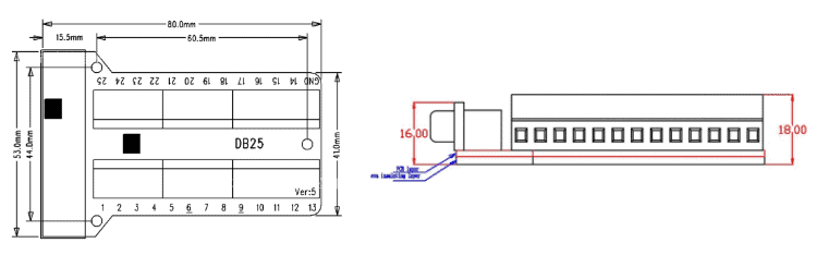 DB25 male screw terminal breakout board dimension diagram showing top and side measurements