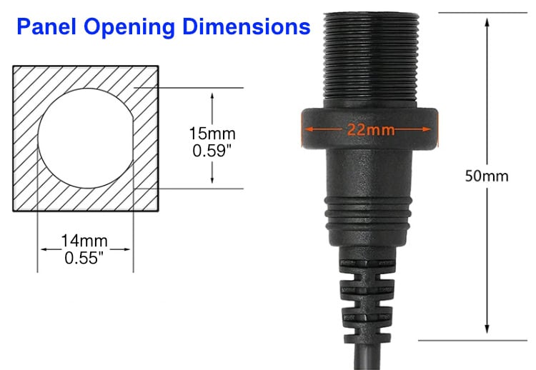 Diagram showing panel opening dimensions for a USB‑C bulkhead connector, including 14 mm mounting hole, 15 mm vertical clearance, 22 mm flange width, and 50 mm overall connector length.