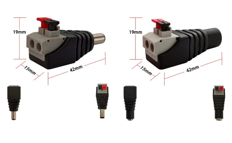Solderless 5.5x2.1mm DC Power Connector with Quick Connect Push-In Terminals - Dimensions