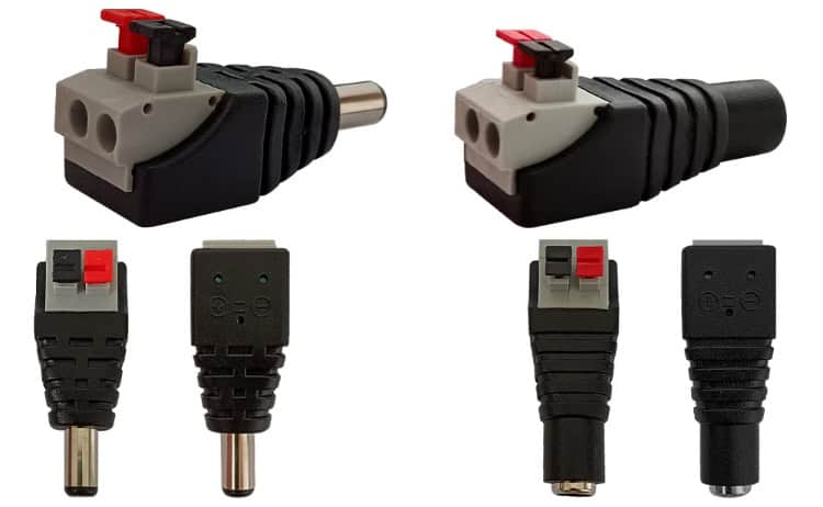 Solderless 5.5x2.1mm DC Power Connector with Quick Connect Push-In Terminals - Male and Female