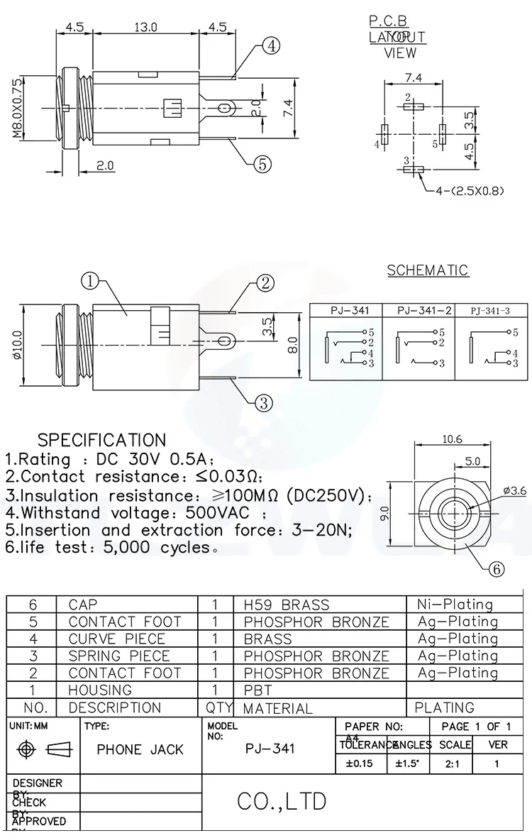 3.5mm Plastic Chassis Mounting Jack Dimensions