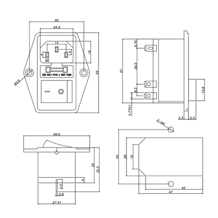 IEC 320 C14 Switched and Fused Dimensions and Cutout Details for Large Switch Model