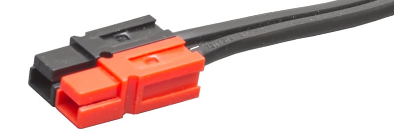 Assembled red and black Powerpole connectors attached to wire