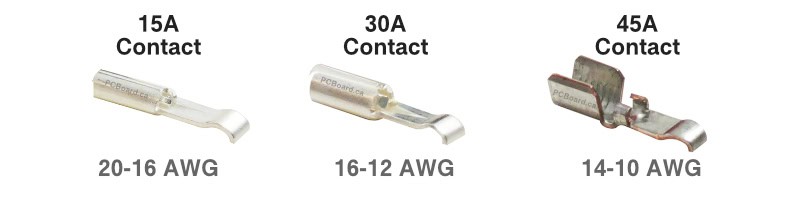 Comparison of 15A 30A and 45A Powerpole contacts showing size differences and wire compatibility