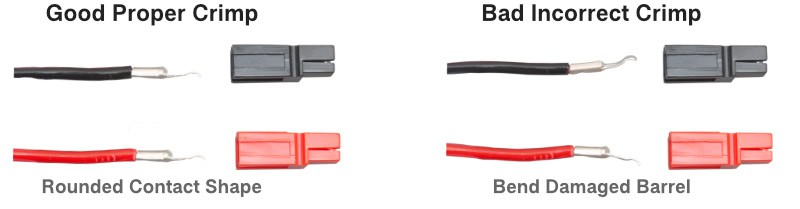 Powerpole crimp comparison showing proper crimp vs flattened incorrect crimp