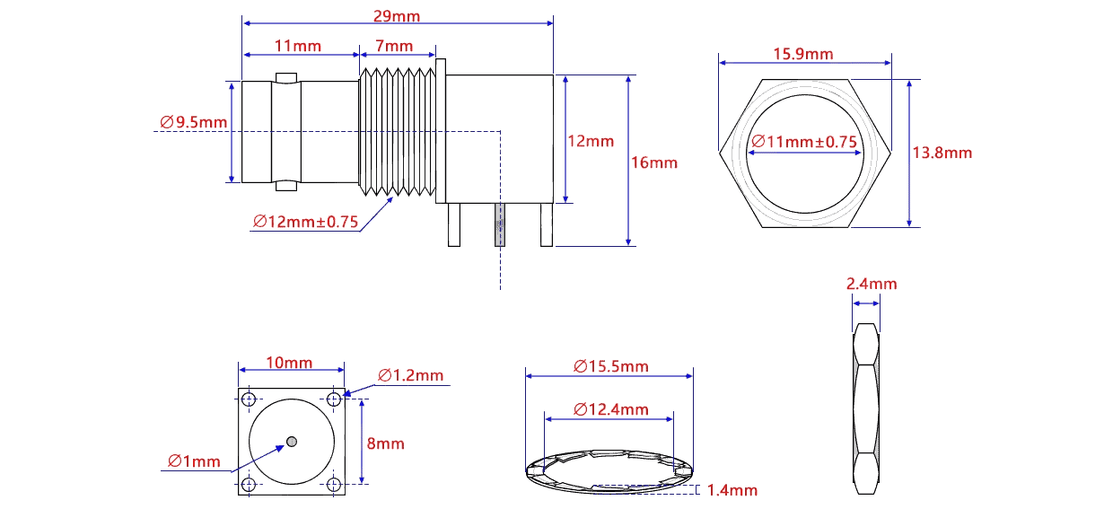 BNC Female PCB Mount Bulkhead Connector with Panel Mount Hardware
