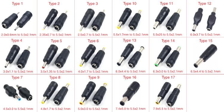Universal 5.5x2.1mm Female DC Adapter Tips Sizes 2.0x0.6mm through 7.9x5.5mm
