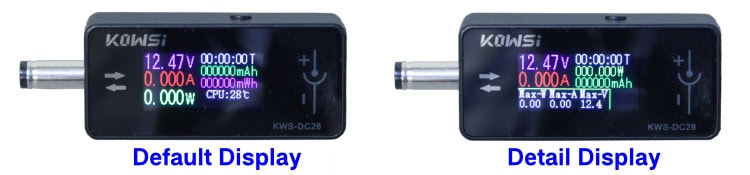 KWS-DC28 TFT DC power tester showing default and detailed display modes