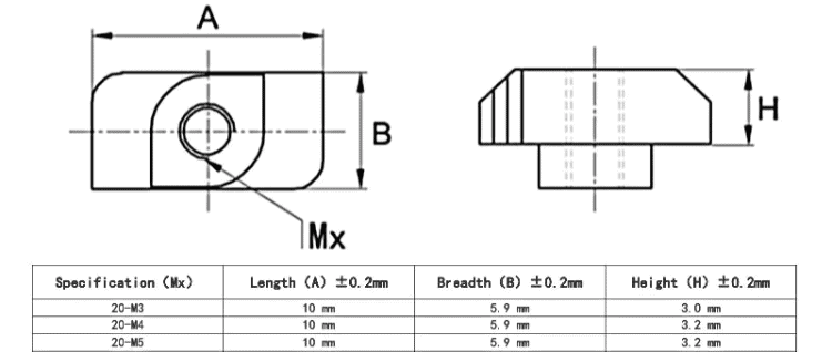 Sliding T-Slot Nut 20T Dimension Specifications