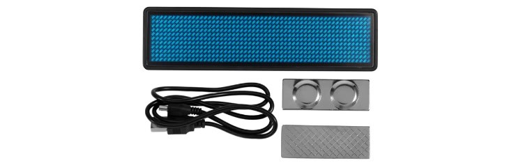 Programmable LED name badge package contents including LED badge, USB-C cable and accessories
