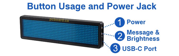 LED name badge controls showing power button, display mode button and USB-C charging port