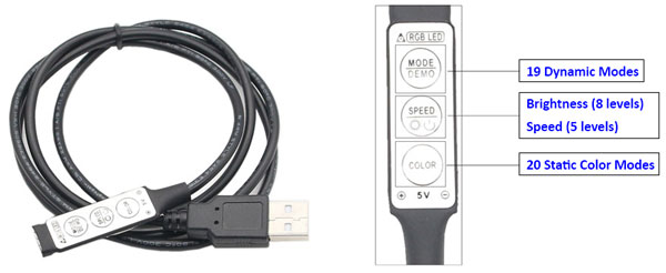 USB RGB LED Controller 5V DC Mini 3 Keys with 1M USB Cable for 5V RGB
