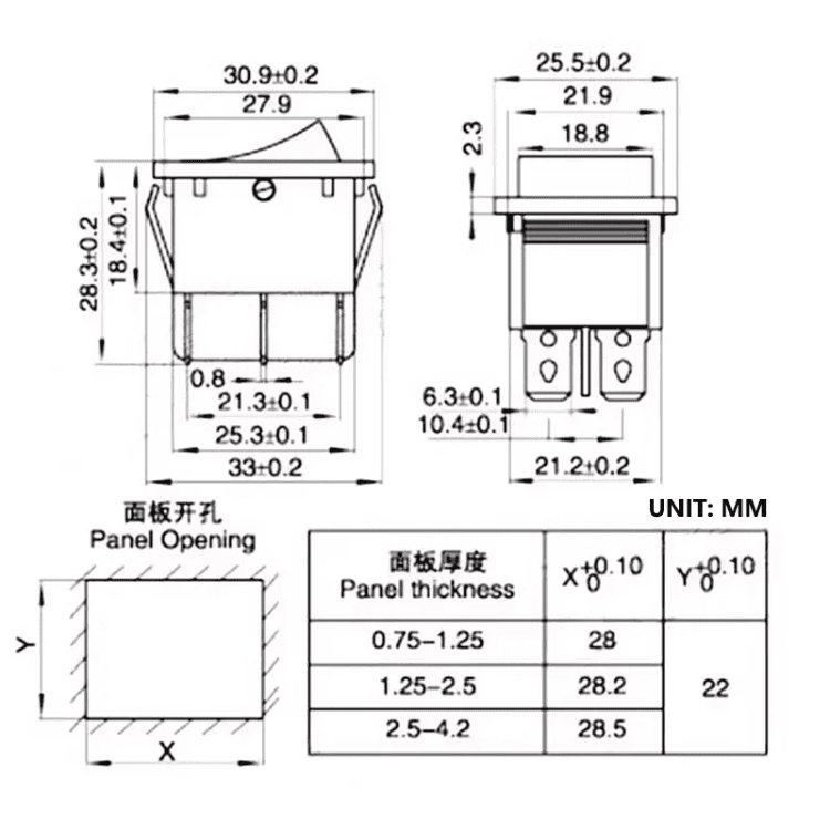 KCD4 Rocker Switch Dimensions and Cutout Details