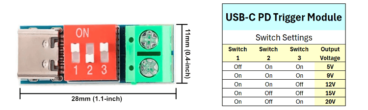 USB Type-C Power Adapter Decoy Spoof Module Switch Settings and Dimensions